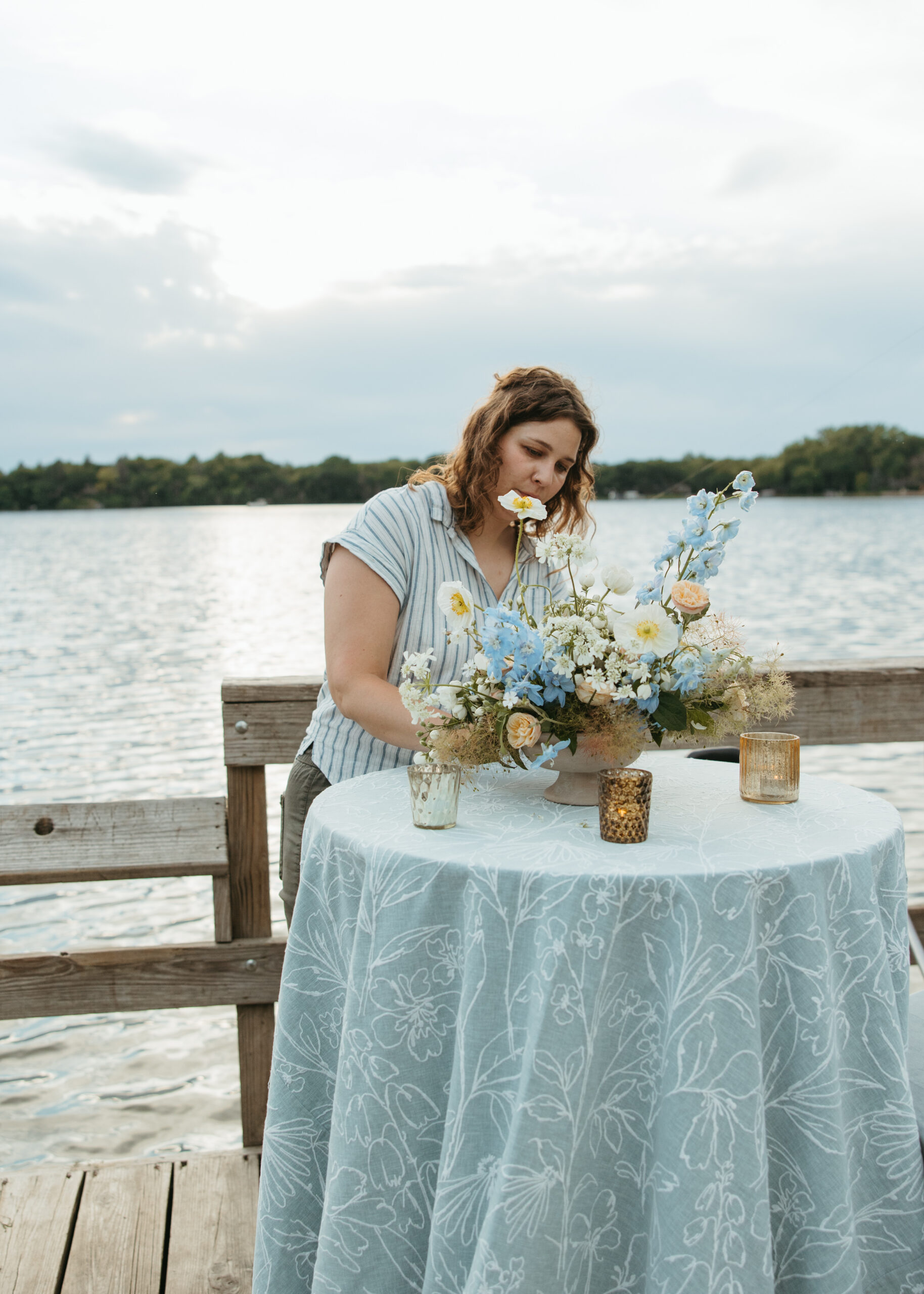 Organic white and blue coastal wedding florals designed by Reverie Floral Design for a Minneapolis lake shoot.