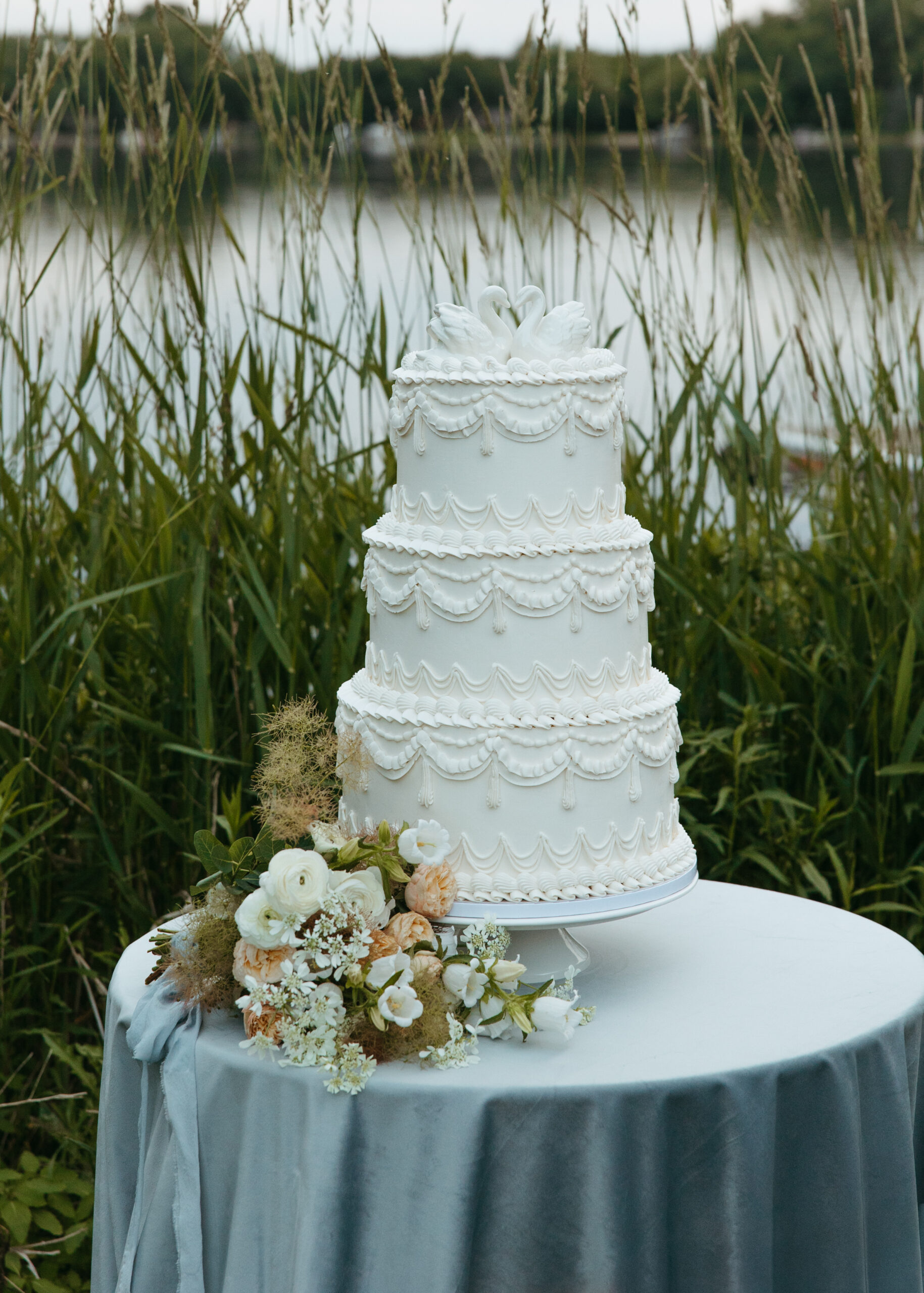 Ocean inspired textured wedding cake by Custom Cakes by Megan at a Minneapolis lakeside wedding venue.